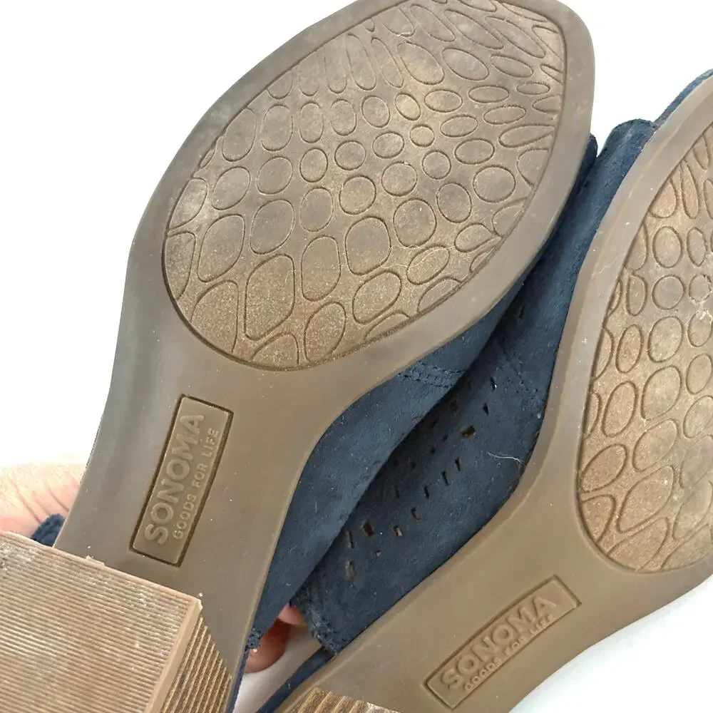 Sonoma Suede Slingback Heels 8 Navy Blue Lasercut Western Boho Festival